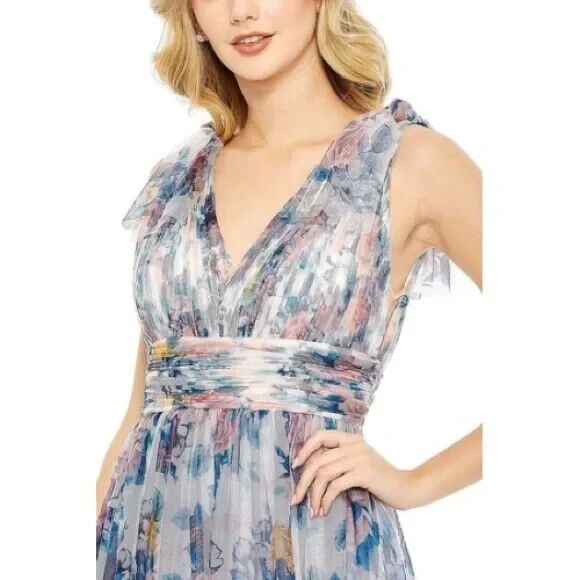 NWT Mac Duggal 113312 FLORAL PRINT RUCHED SOFT TIE SLEEVELESS GOWN BLUE MULTI - Picture 2 of 9